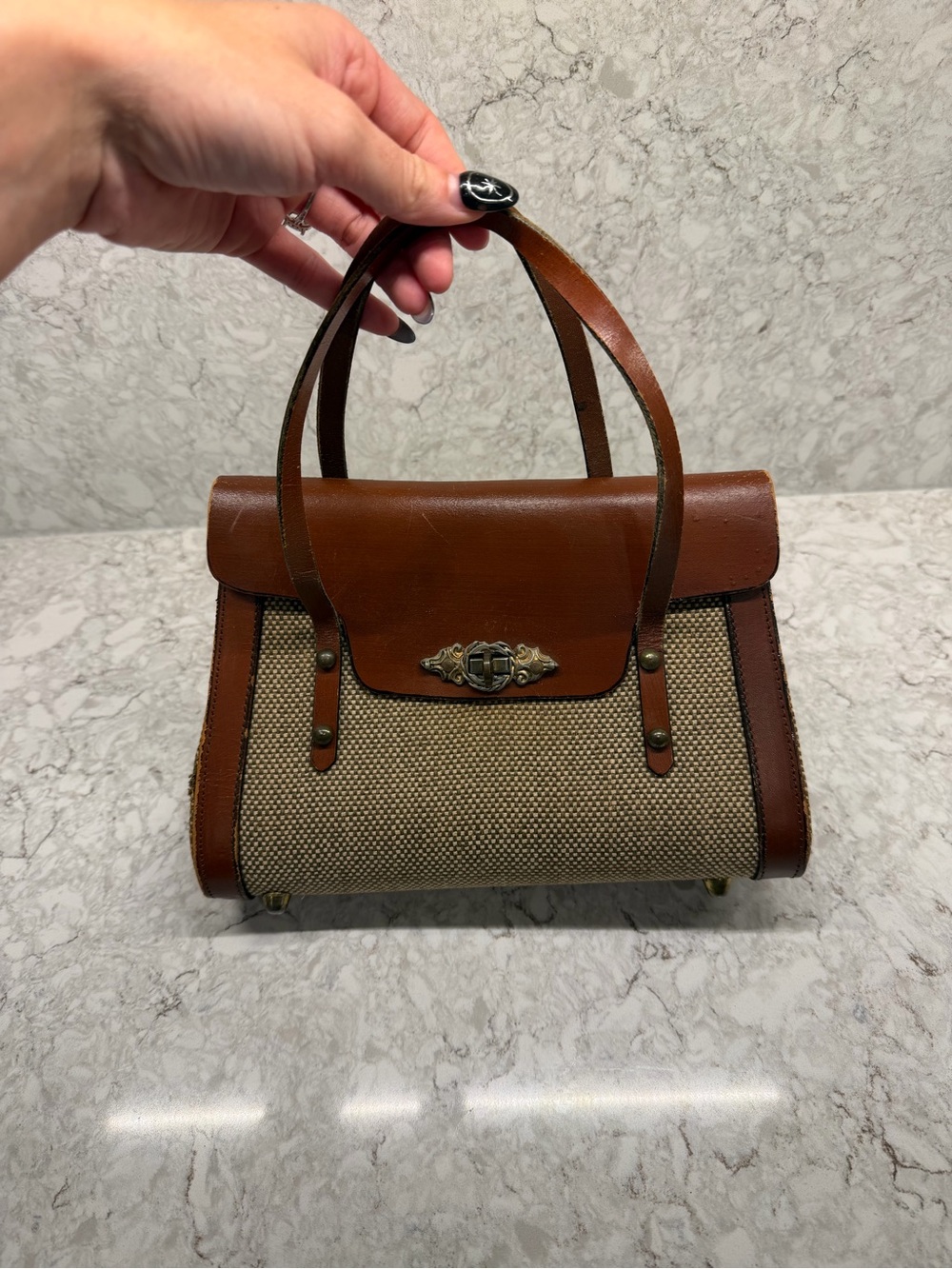 Etienne Aigner Brown Leather & Tan Canvas Satchel